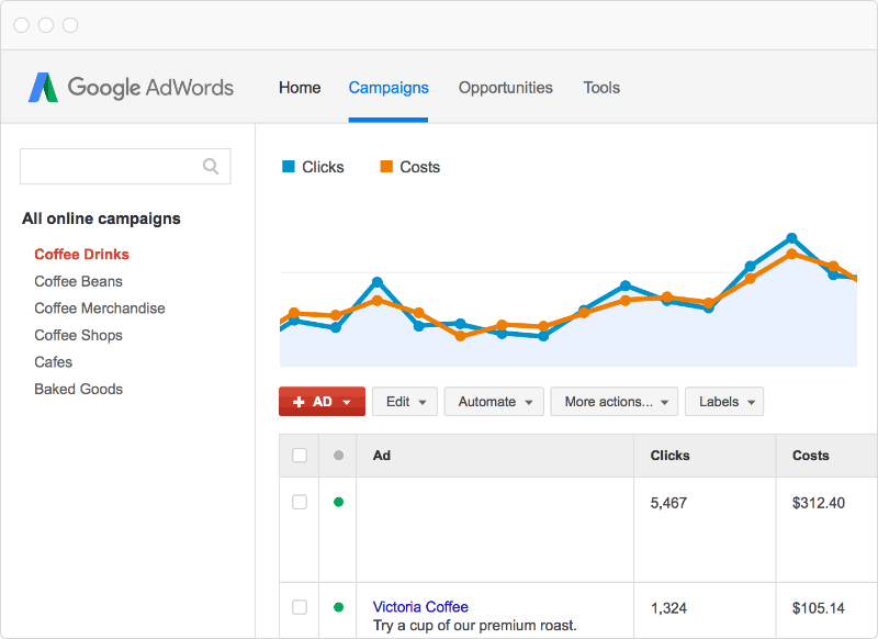 Google Adwords Interface With results of an advertising campaign